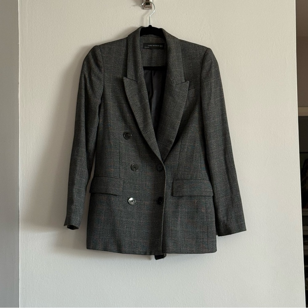 Zara Charcoal Double-Breasted Plaid Blazer